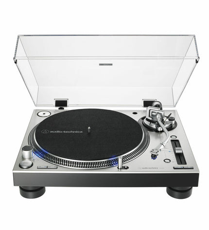 Audio-Technica Iberia AT-LP140XP silver turntable with tonearm and control knobs, part of high-fidelity audio equipment.