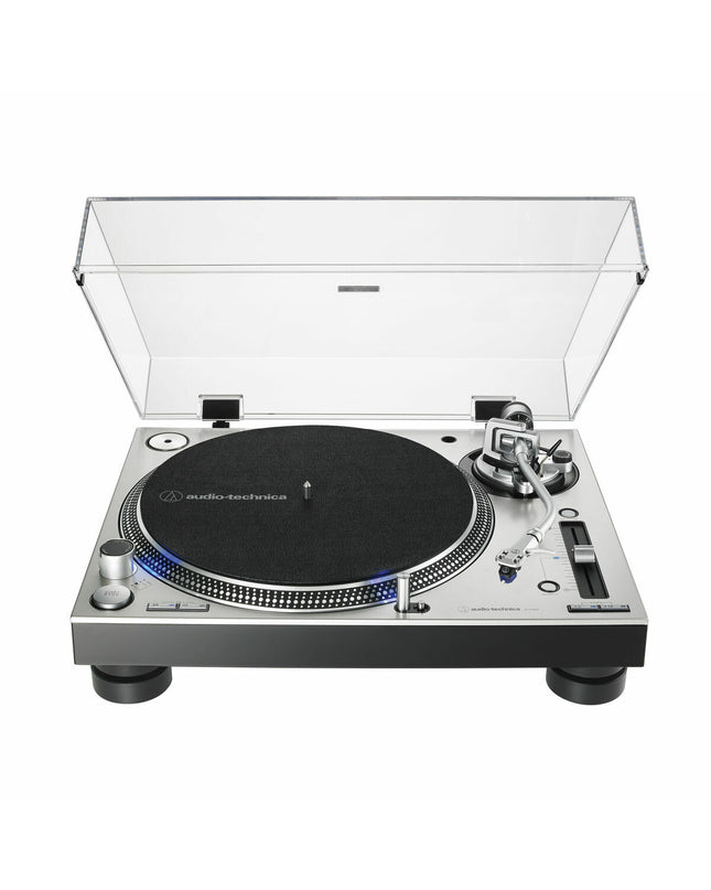 Audio-Technica Iberia AT-LP140XP silver turntable with tonearm and control knobs, part of high-fidelity audio equipment.