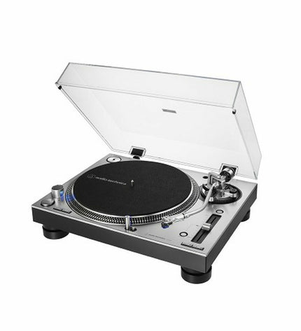 Audio-Technica Iberia AT-LP140XP silver turntable with tonearm and control knobs, electronic audio and hi-fi equipment.