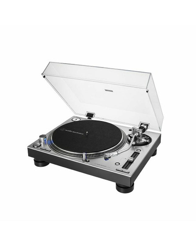 Audio-Technica Iberia AT-LP140XP silver turntable with tonearm and control knobs, electronic audio and hi-fi equipment.