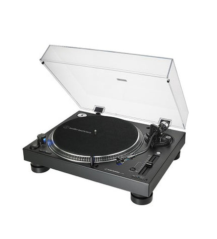 Audio-Technica Iberia AT-LP140XP black turntable with tonearm and control buttons, part of audio and hi-fi equipment.