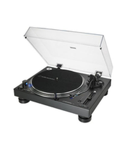 Audio-Technica Iberia AT-LP140XP turntable in black, showcasing the sleek electronic design and tonearm for high-quality vinyl playback.