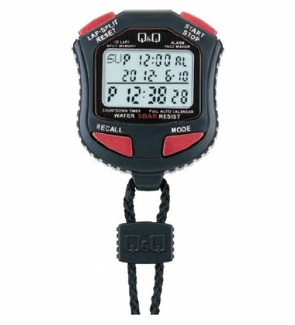 Q&Q Chronometer HS45J003Y with digital display, sport and outdoor electronics, showing time and features on a black watch face.