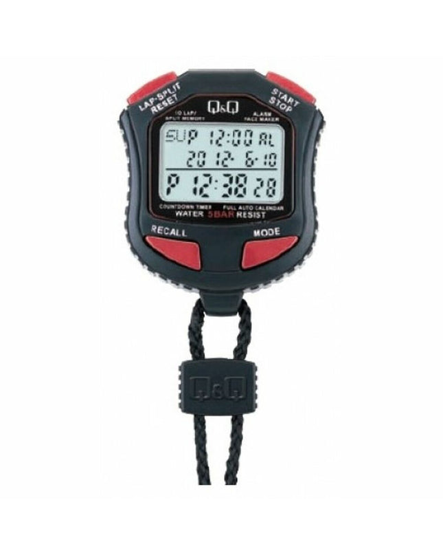 Q&Q Chronometer HS45J003Y with digital display, sport and outdoor electronics, showing time and features on a black watch face.