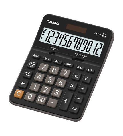 Casio DX-12B black calculator, office electronic device with numeric keypad and display, used for basic calculations.