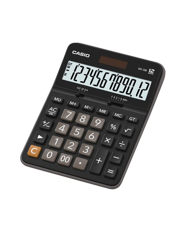 Casio DX-12B black calculator, office electronic device with numeric keypad and display, used for basic calculations.
