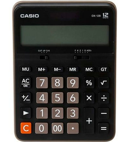 Casio DX-12B black calculator for office use, featuring a digital display and basic arithmetic functions.