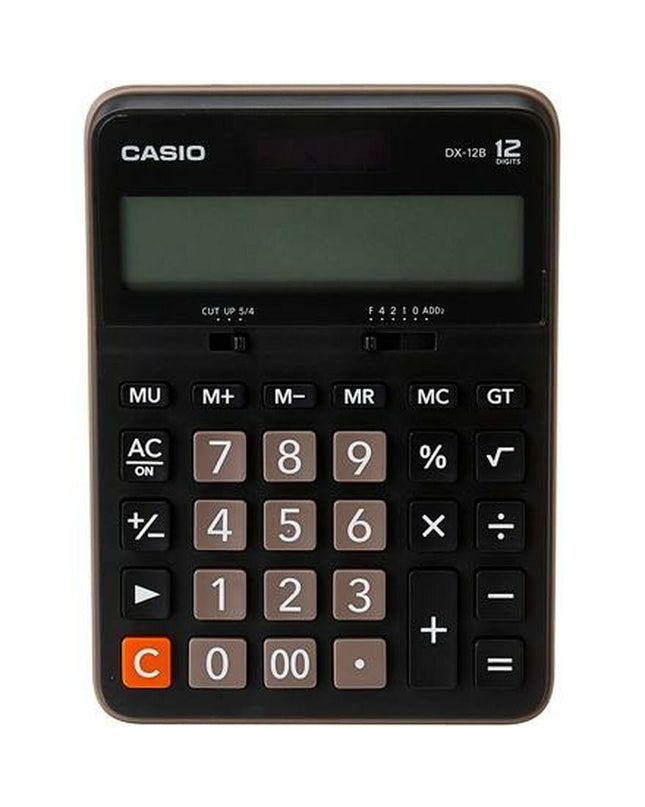 Casio DX-12B black calculator for office use, featuring a digital display and basic arithmetic functions.