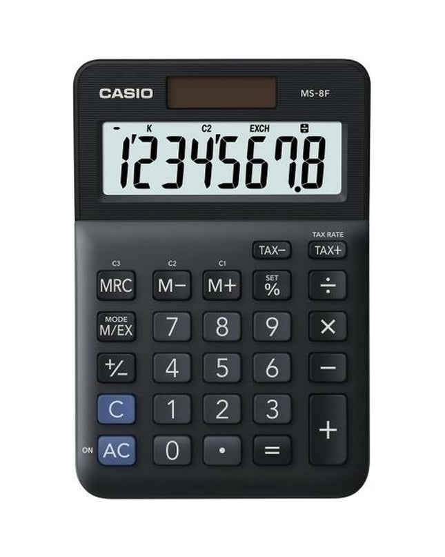 Casio MS-8F black plastic calculator, office electronics and stationery, showing numeric keypad and display screen