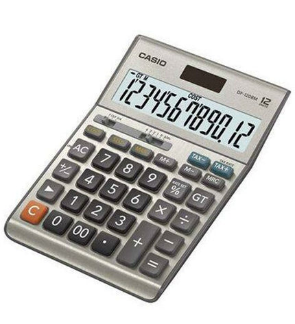 Casio DF-120BM grey plastic calculator for office use, featuring a compact design and easy-to-read display.