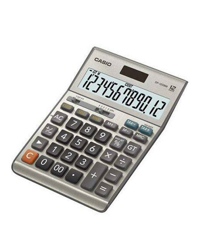 Casio DF-120BM grey plastic calculator for office use, featuring a compact design and easy-to-read display.