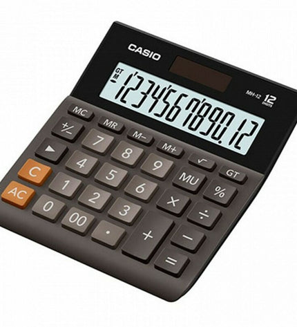 Casio calculator with white LCD display and black plastic body, designed for office and stationery use.