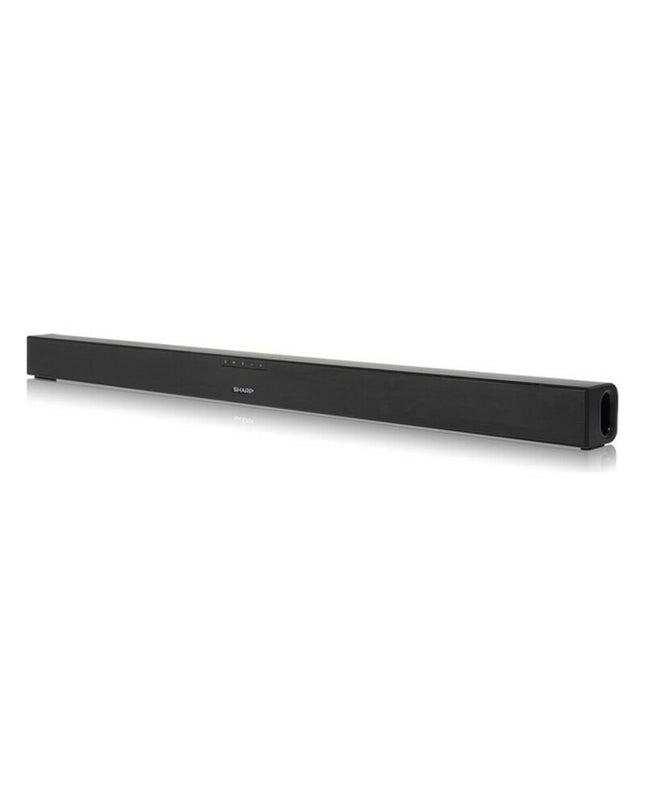 Sharp HT-SB140 soundbar in matte black with 150W power, compact electronic audio device for enhanced TV sound quality.