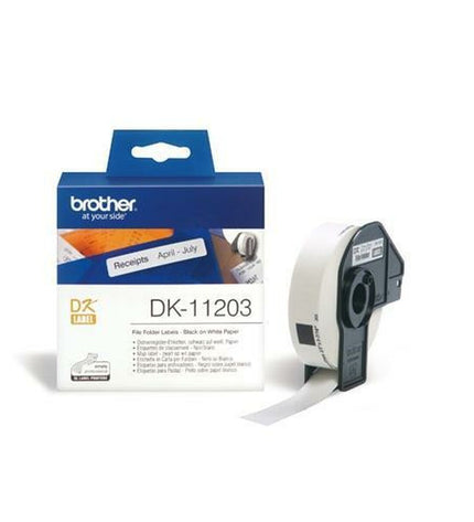 Brother DK-11203 label roll with three 17x87mm labels, suitable for office electronics and stationery.
