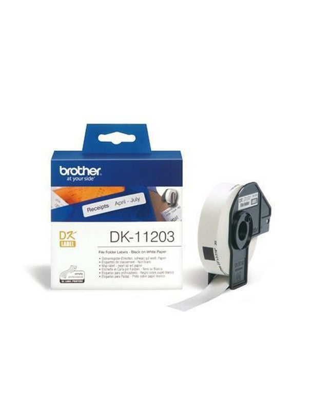 Brother DK-11203 label roll with three 17x87mm labels, suitable for office electronics and stationery.