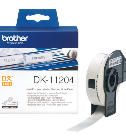 Brother DK-11204 label roll with three 17x54 mm adhesive labels, ideal for office labeling and organizing.