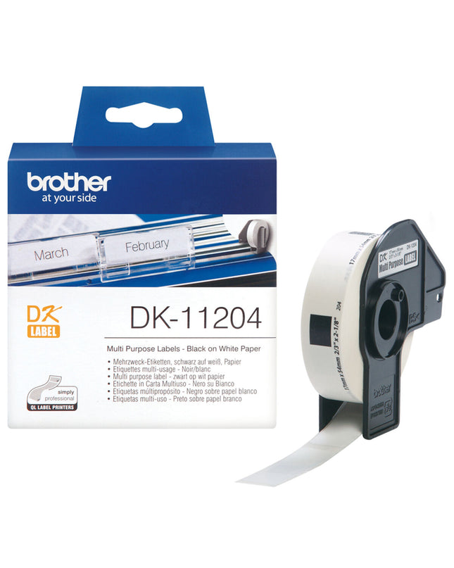 Brother DK-11204 label roll with three 17x54 mm adhesive labels, ideal for office labeling and organizing.