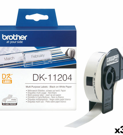 Brother DK-11204 label roll with three 17x54mm labels, ideal for office labeling and electronic office supplies.