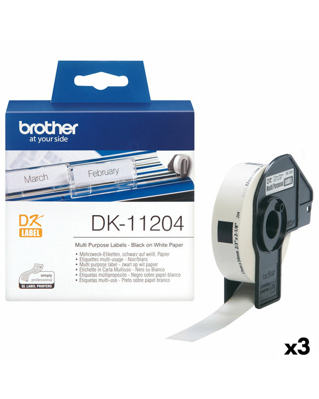 Brother DK-11204 label roll with three 17x54mm labels, ideal for office labeling and electronic office supplies.