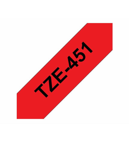 Brother TZE451 laminated tape roll for label printers, showing the black and white tape with packaging details.
