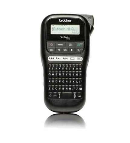 Brother portable electric label maker with black body and 12mm label tape, suitable for office organization and labeling tasks.