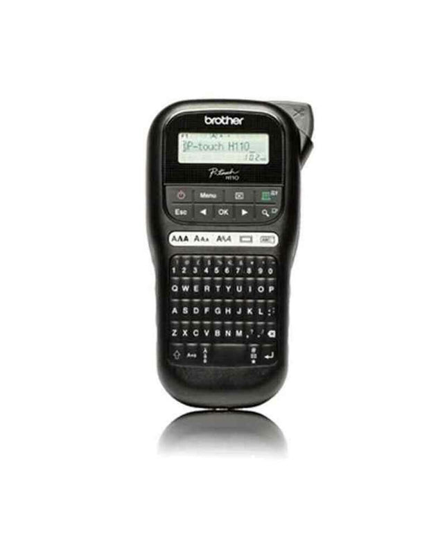 Brother portable electric label maker with black body and 12mm label tape, suitable for office organization and labeling tasks.