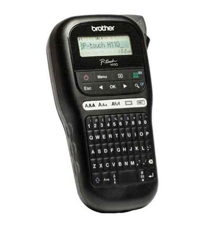 Brother portable electric label maker in black with 12mm tape, designed for office labeling and electronic office supplies.