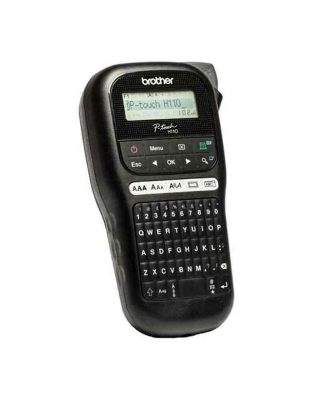 Brother portable electric label maker in black with 12mm tape, designed for office labeling and electronic office supplies.