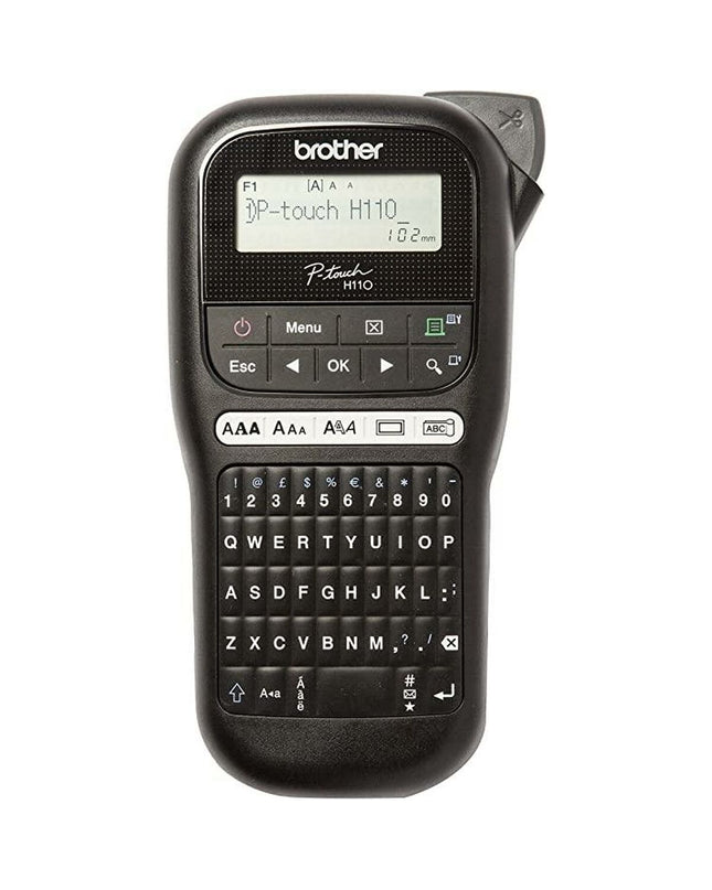 Three black Brother PT-H110 electric labelmakers with LCD screens, ideal for office labeling and organization.