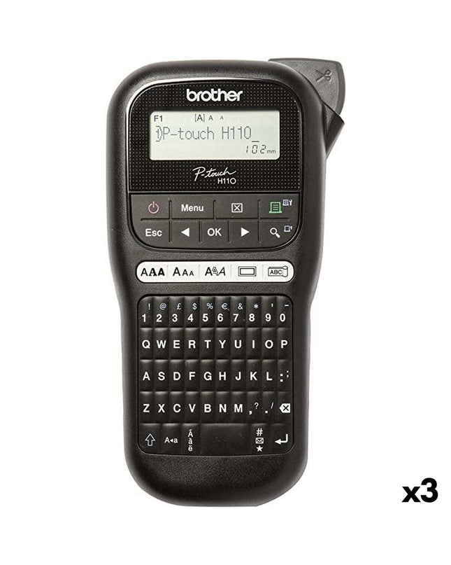 Set of three black Brother PT-H110 electrical labelmakers with keyboards and LCD screens, ideal for office organization.