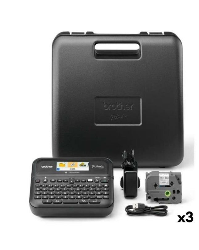 Three black Brother PT-D610BVP electric label makers for office use, featuring digital displays and labeling tapes.