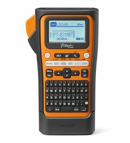 Portable Brother PTE310BTVP electric labelmaker with keyboard and display, designed for office labeling and organization.
