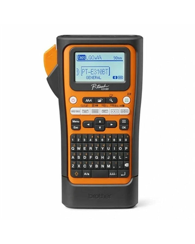 Portable Brother PTE310BTVP electric labelmaker with keyboard and display, designed for office labeling and organization.
