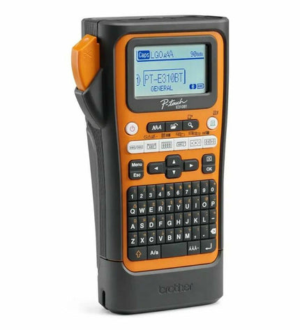 Brother PTE310BTVP portable electric label maker with keypad and display, ideal for office labeling and organization.