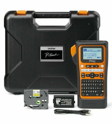 Brother PTE310BTVP portable electric labelmaker with keypad and display for office labeling tasks.