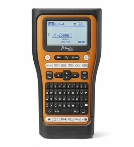 Brother PTE560BTSP portable electric label maker with keyboard and display for office labeling tasks.