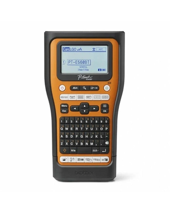 Brother PTE560BTSP portable electric label maker with keyboard and display for office labeling tasks.