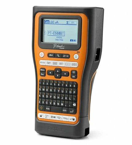Brother PTE560BTSP portable electric label maker with keyboard and display, designed for office labeling and organization.