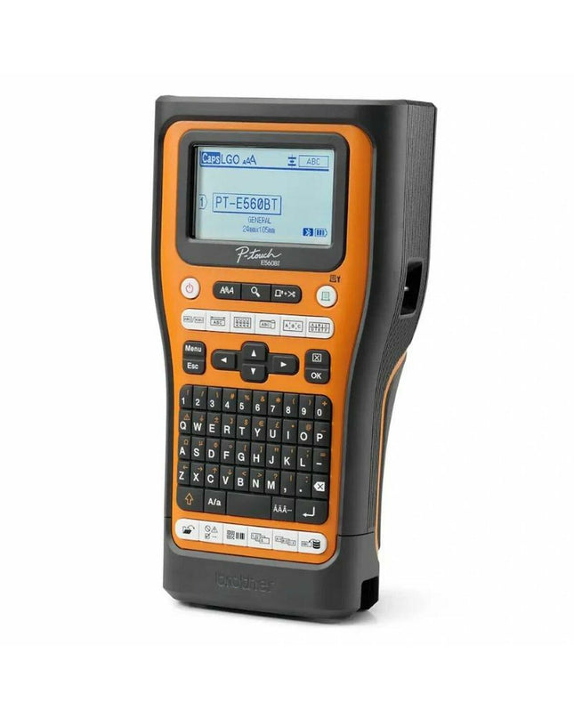 Brother PTE560BTSP portable electric label maker with keyboard and display, designed for office labeling and organization.