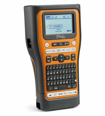 Brother PTE560BTSP portable electric label maker with keypad and display for office labeling tasks.
