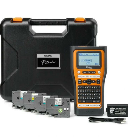 Brother PTE560BTSP portable electronic label maker for office use, featuring a compact design and digital display.