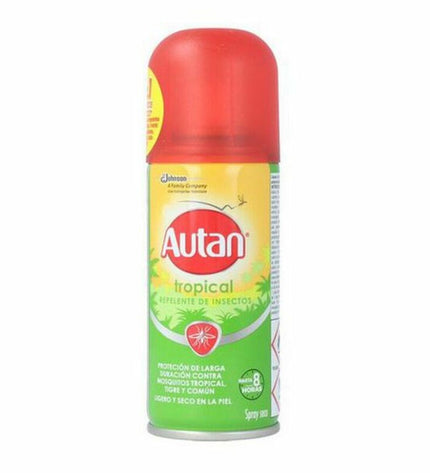 Autan Tropical Anti-muggenspray 100 ml for outdoor activities, camping, and hiking, providing 8 hours of protection.
