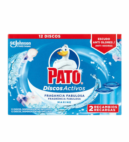 Pato Discos Activos navy toilet air freshener refill pack with two disinfectant discs for bathroom freshness.