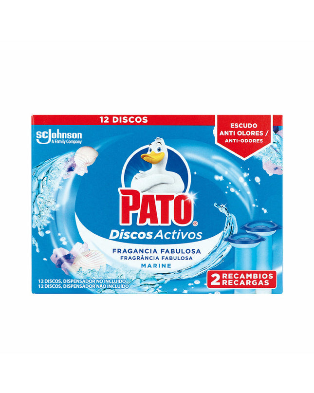 Pato Discos Activos navy toilet air freshener refill pack with two disinfectant discs for bathroom freshness.