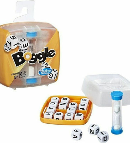 Hasbro Boggle word game with letter dice in a clear plastic container, suitable for family or party play.