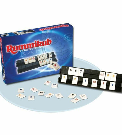 Hasbro Rummikub Numbers game with colorful tiles on a wooden surface, part of the Speelgoed en games collection.