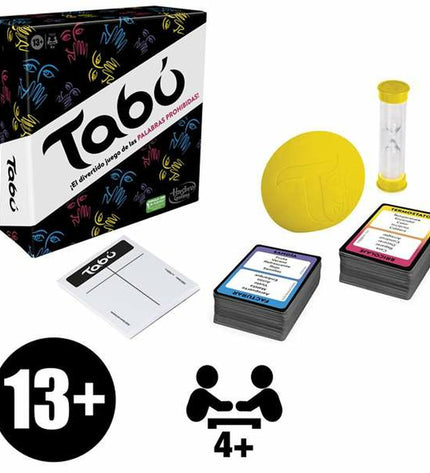 Hasbro Tabú word guessing game with game cards and timer, suitable for family and party fun.