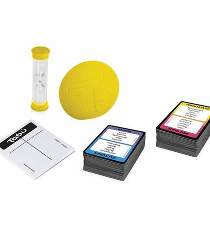 Hasbro Tabú party game box with colorful cards and game components for family and friends play.