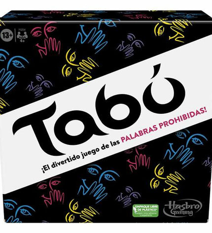 Hasbro Tabú board game for family fun, featuring game cards, timer, and game pieces on a colorful playing surface.