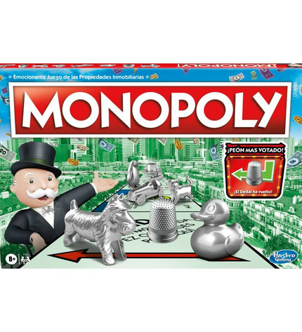 Hasbro Monopoly Classic Madrid board game with colorful game pieces and Madrid-themed game board for family fun.